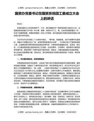 国资办党委书记在国资系统团工委成立大会上的讲话