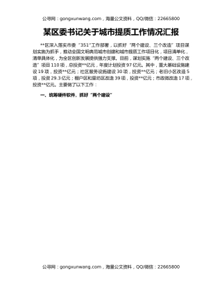 某区委书记关于城市提质工作情况汇报