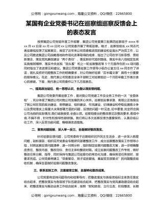 某国有企业党委书记在巡察组巡察反馈会上的表态发言