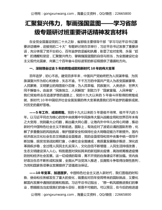 汇聚复兴伟力，掣画强国蓝图——学习省部级专题研讨班重要讲话精神发言材料