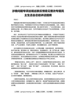 涉粮问题专项巡视巡察反馈意见整改专题民主生活会总结讲话提纲