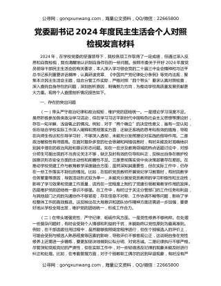 党委副书记2024年度民主生活会个人对照检视发言材料
