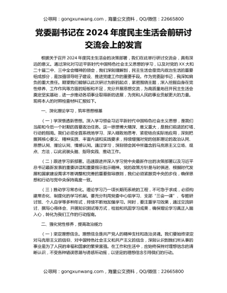 党委副书记在2024年度民主生活会前研讨交流会上的发言