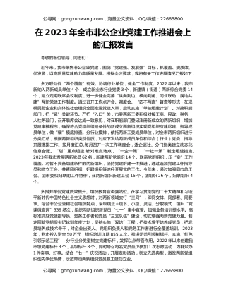 在2023年全市非公企业党建工作推进会上的汇报发言