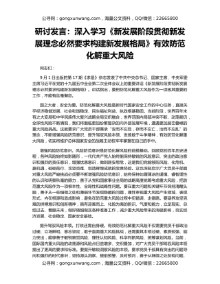 研讨发言：深入学习《新发展阶段贯彻新发展理念必然要求构建新发展格局》有效防范化解重大风险