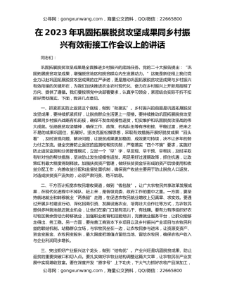 在2023年巩固拓展脱贫攻坚成果同乡村振兴有效衔接工作会议上的讲话