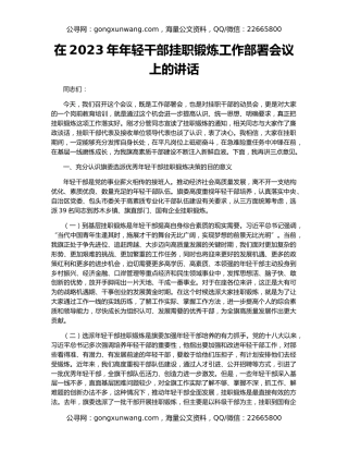 在2023年年轻干部挂职锻炼工作部署会议上的讲话