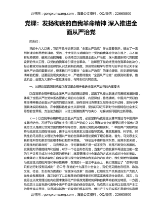 党课：发扬彻底的自我革命精神 深入推进全面从严治党