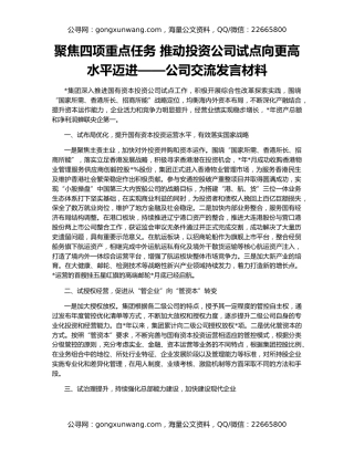 聚焦四项重点任务 推动投资公司试点向更高水平迈进——公司交流发言材料