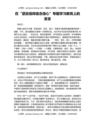 在“坚定信仰信念信心”专题学习教育上的发言