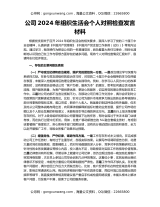 公司2024年组织生活会个人对照检查发言材料