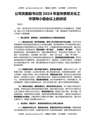 公司党委副书记在2024年宣传思想文化工作领导小组会议上的讲话