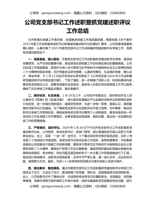 公司党支部书记工作述职暨抓党建述职评议工作总结