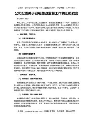 公司纪委关于巡视整改监督工作的汇报发言