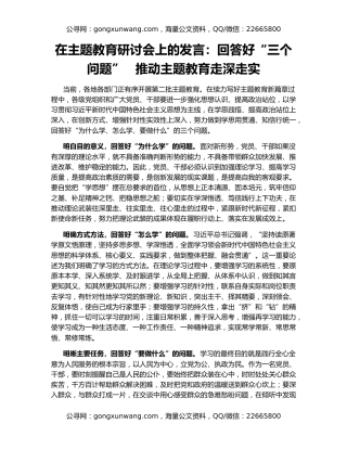 在主题教育研讨会上的发言：回答好“三个问题”   推动主题教育走深走实