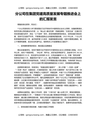 分公司在集团党建高质量发展专题推进会上的汇报发言