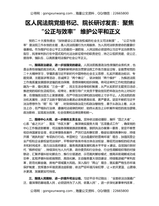 区人民法院党组书记、院长研讨发言：聚焦“公正与效率” 维护公平和正义