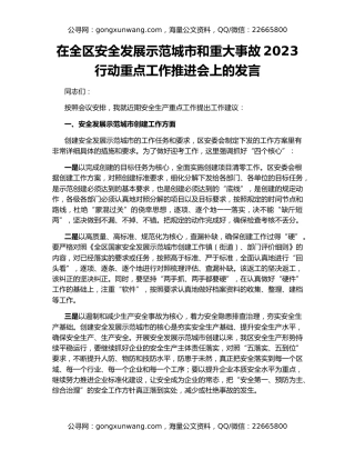 在全区安全发展示范城市和重大事故2023行动重点工作推进会上的发言