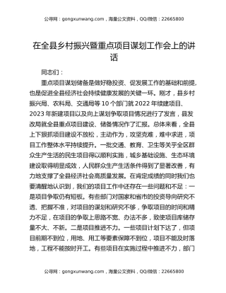 在全县乡村振兴暨重点项目谋划工作会上的讲话