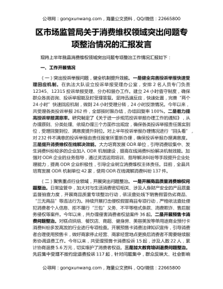 区市场监管局关于消费维权领域突出问题专项整治情况的汇报发言