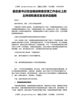 县区委书记在巡视巡核查反馈工作会议上的主持词和表态发言讲话提纲
