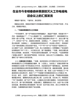 在全市今冬明春森林草原防灭火工作电视电话会议上的汇报发言