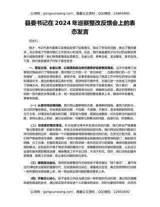 县委书记在2024年巡察整改反馈会上的表态发言