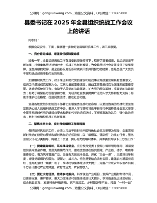县委书记在2025年全县组织统战工作会议上的讲话