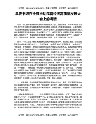 县委书记在全县推动民营经济高质量发展大会上的讲话