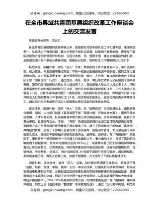 在全市县域共青团基层组织改革工作座谈会上的交流发言