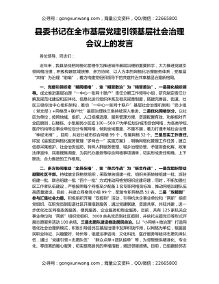 县委书记在全市基层党建引领基层社会治理会议上的发言