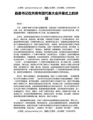 县委书记在共青年团代表大会开幕式上的讲话