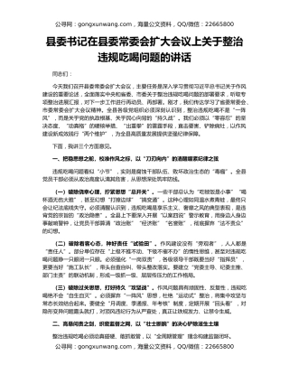 县委书记在县委常委会扩大会议上关于整治违规吃喝问题的讲话