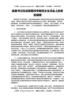 县委书记在巡视整改专题民主生活会上的发言提纲