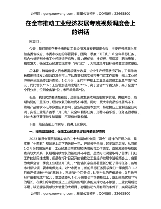 在全市推动工业经济发展专班视频调度会上的讲话