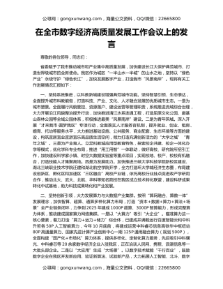 在全市数字经济高质量发展工作会议上的发言