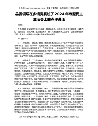 县委领导在乡镇党委班子2024年专题民主生活会上的点评讲话
