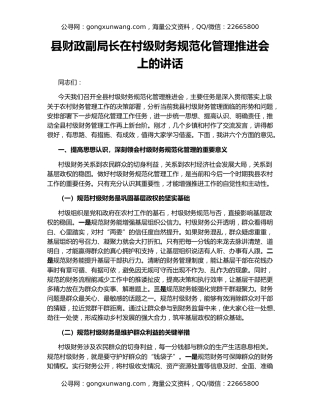 县财政副局长在村级财务规范化管理推进会上的讲话