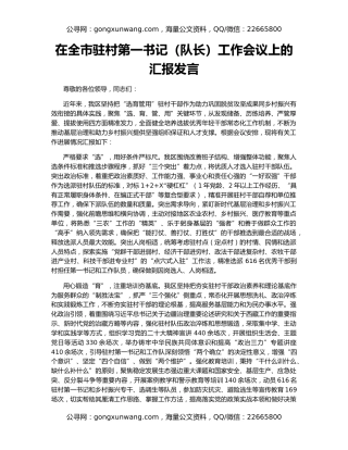 在全市驻村第一书记（队长）工作会议上的汇报发言