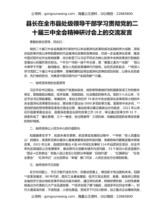 县长在全市县处级领导干部学习贯彻党的二十届三中全会精神研讨会上的交流发言
