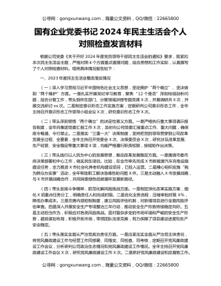 国有企业党委书记2024年民主生活会个人对照检查发言材料