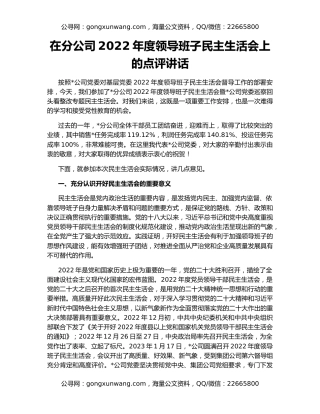 在分公司2022年度领导班子民主生活会上的点评讲话
