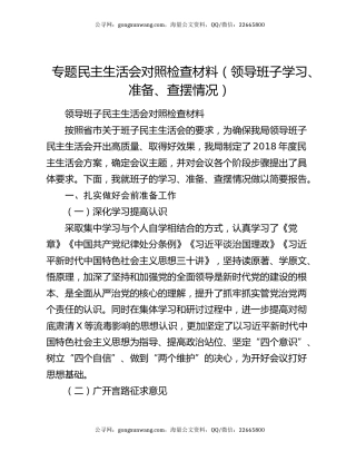 专题民主生活会对照检查材料（领导班子学习、准备、查摆情况）