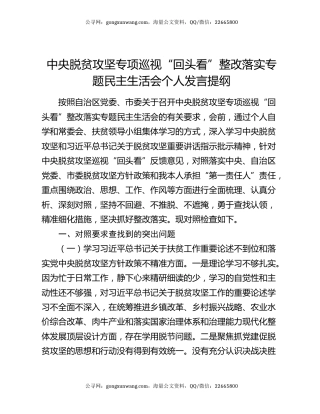 中央脱贫攻坚专项巡视“回头看”整改落实专题民主生活会个人发言提纲