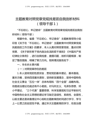 主题教育对照党章党规找差距自我剖析材料（领导干部1）