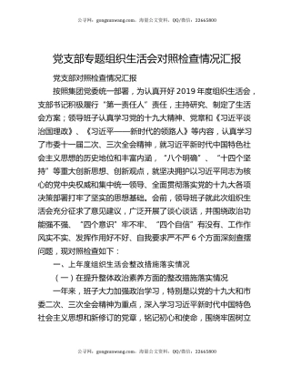 党支部专题组织生活会对照检查情况汇报