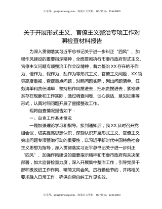 关于开展形式主义、官僚主义整治专项工作对照检查材料报告