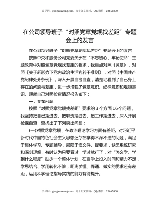 在公司领导班子“对照党章党规找差距”专题会上的发言