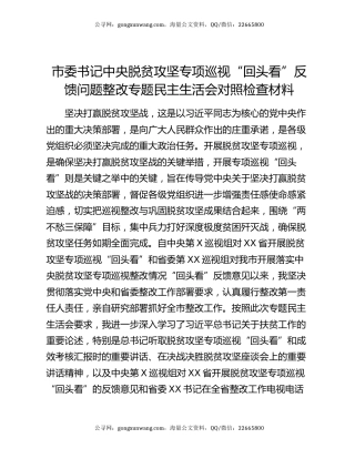 市委书记中央脱贫攻坚专项巡视“回头看”反馈问题整改专题民主生活会对照检查材料
