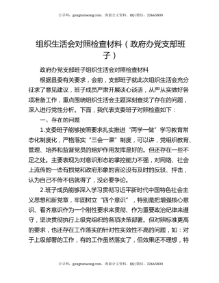 组织生活会对照检查材料（政府办党支部班子）